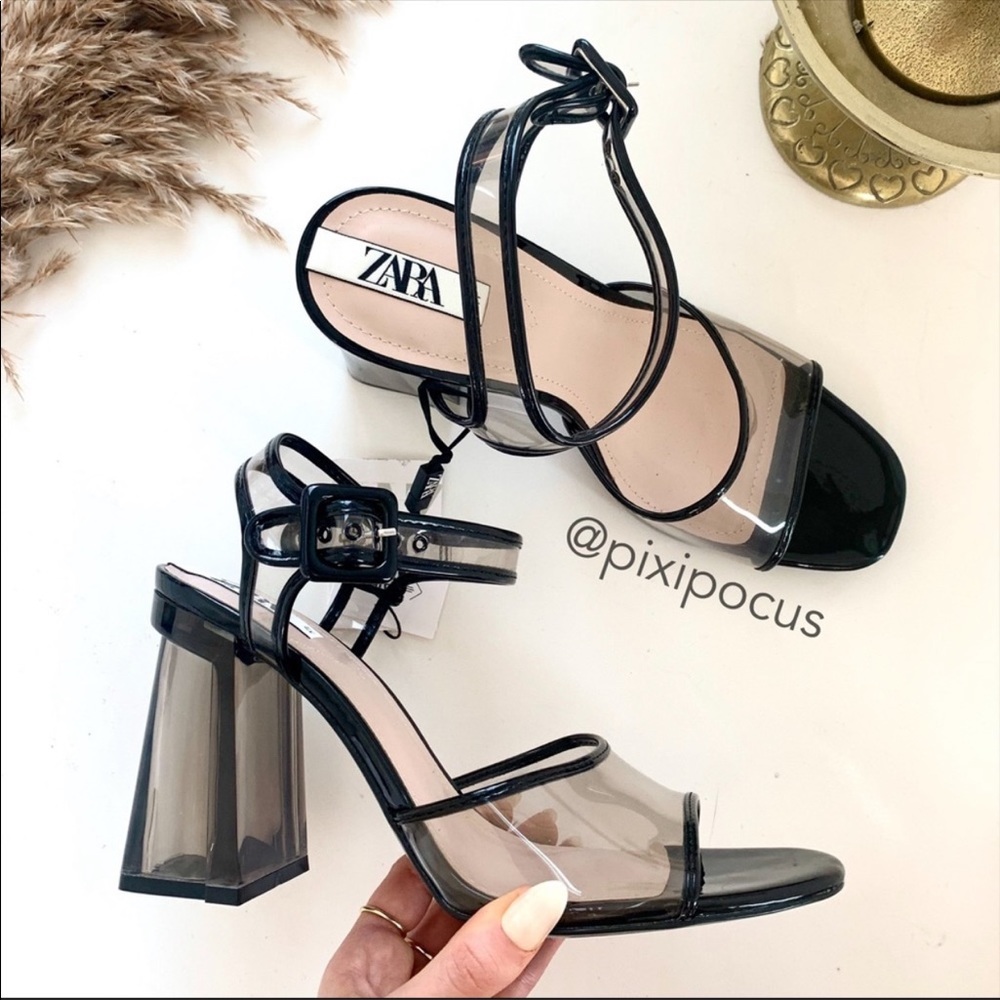 Zara Black and Clear Block Heel Sandals